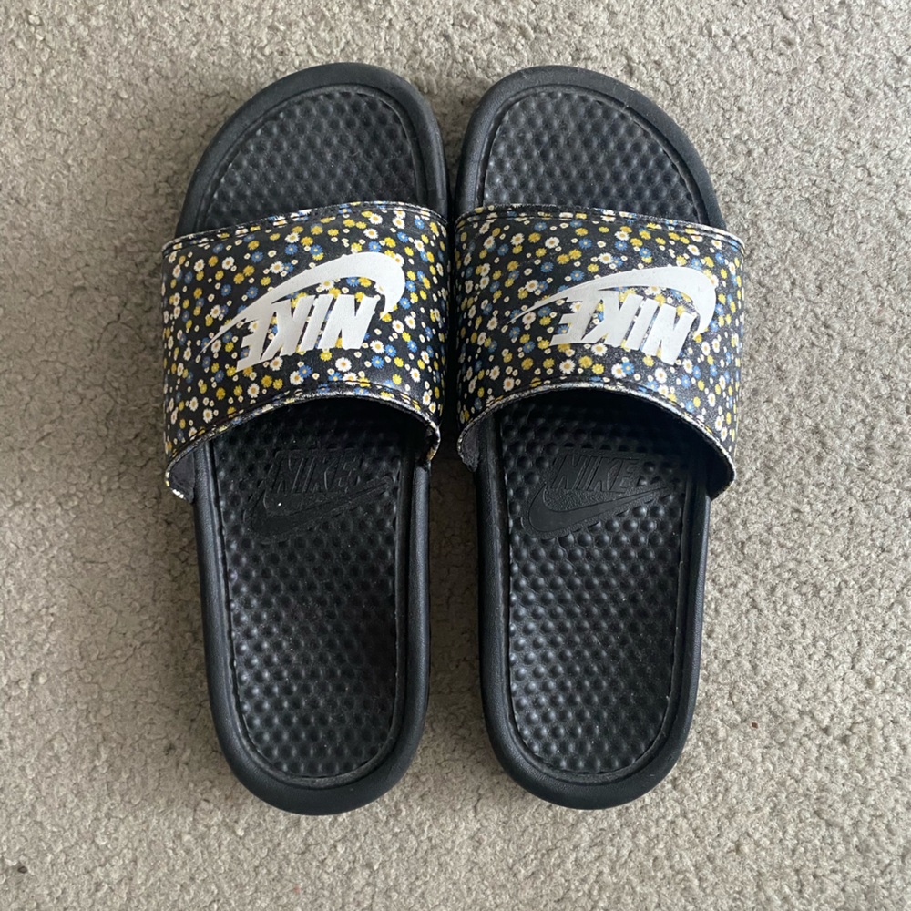 Nike Black Slides with Floral Accents
